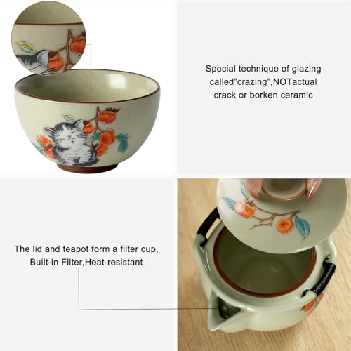 Mini Cute Cat Ceramic Tea Set with Persimmon Pattern,Japanese Style Crackle Glaze Teapot and Teacups Set - Unique Gift for Cat Lovers, Housewarming, Afternoon Tea (1 Teapot, 3 Cups),Ru Kiln Yellow — view 3