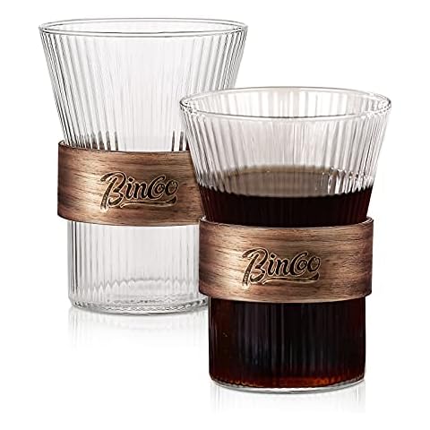 Glass Coffee Cups Set of 2, 10oz/310ML Reusable Drinking Glasses with Wood Sleeve, Japanese Glass for Tea,Latte,Espresso,Cappuccino,Beverage Cover