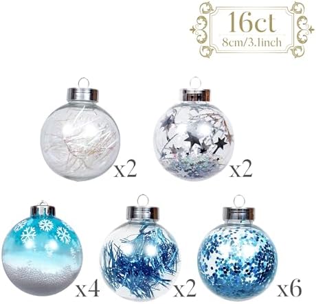 Valery Madelyn Christmas Baubles for Christmas Tree Decorations, 16pcs 8cm Silver Blue Transparent Shatterproof Giant Baubles for Christmas Tree Balls Ornaments for Xmas Decoration