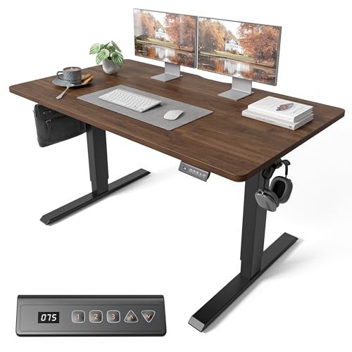 FEZIBO Electric Height Adjustable Standing Desk with digital display control panel, 70x140cm Ergonomic Home Office Table for sit stand with Splice Board & BlackWalnut Wood Grain Surface
