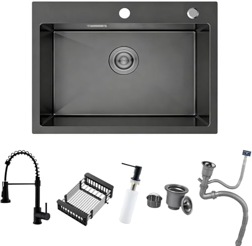 Évier Noir Anthracite 60 X 45 Cm Avec Robinet De Cuisine Extensible Gris Noir, Égouttoir Et...