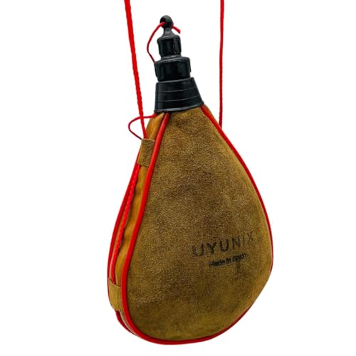 Bota de Vino 1L en Piel Cuero Marrón Vacuno Interior de Látex antigoteos. Para Fiestas, Toros, Caza, Camping