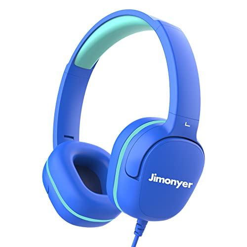 Jimonyer Kids Headphones for School, 3.5mm Jack Wired Headphones for Kids with Safe Volume Limiter, HD Stereo Sound On-Ear Girls Boys Toddler Headphones for Tablet, iPad, Kindle(Blue)