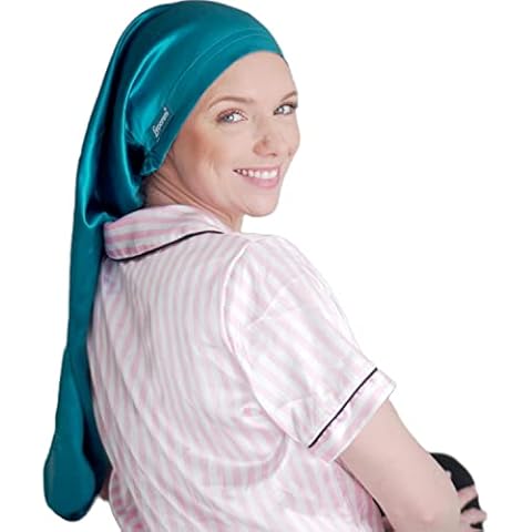 Leporem Extra Long (30 Inch) Silk Hair Wrap for Sleeping - 100% Pure 6A-Grade 22 Momme Mulberry Natural Silk Night Sleep Bonnet for Curly Hair, Sleep Cap for Long Hair (Peacock Blue) Cover