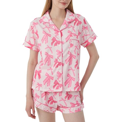 Image of Navisting Short Pajamas for Women Cute Print 2 Piece Pajama Set Short Sleeve Button Down Sleepwear Lapel Shirt Pj Short Set