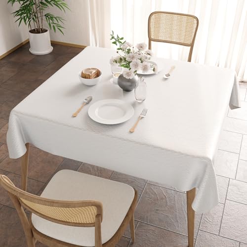 Image of Encasa XO Dining Table Cover Rectangular 120x120 cm | Waterproof Textured Polyester Dining Table Cloth | Machine Washable Tablecloth | ZZ White