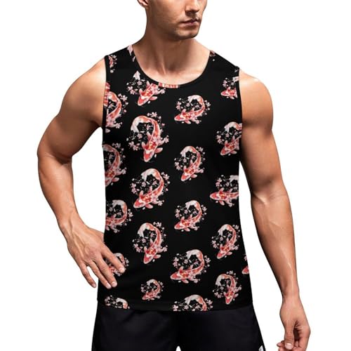 Japanese Fish Cherry Flower Men's Tank Tops Summer Sleeveless T-Shirts Gym Workout Tee Casual Beach Tee