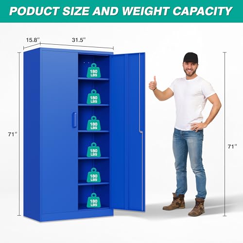 Image of SISESOL Blue Metal Storage Cabinet with 6 Shelves,71 inch Garage Storage Cabinet with Lock,6 Tier Steel Cabinets with Locking Doors,Lockable Cabinets for Home,Office,Shop,Garage