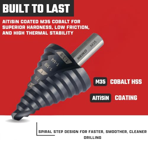 Image of NEIKO 10612B Step Drill Bit, 10 Steps 1 /4 inch to 1-3 /8 inch Spiral M35 Cobalt, AlTiSiN Coated, 3 /8 inch Tri-Flat Step Bits for Steel, Metal, Wood, Plastic, Unibit Cone Drill Bits, Two Flute