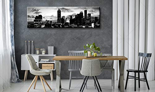 Image of DJSYLIFE Atlanta Skyline Wall Art Cityscape Picture Decor 13.8 inchx47.3 inch | Black and White Canvas Print, City Building Panoramic,Night View Modern Decoration,Office Study Bedroom Home Decorations