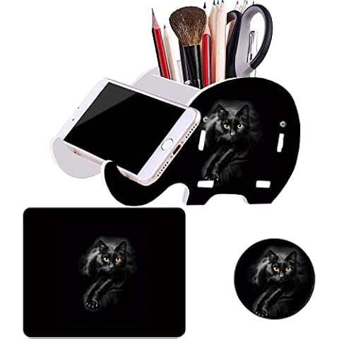 Desk Supplies Organiser, Elephant Pencil Holder with Phone Holder + Mouse Pad + Cute Coasters, Multifunction Removable Pen Cup Home Office Accessories Desk Decoration, Black Cat Cover