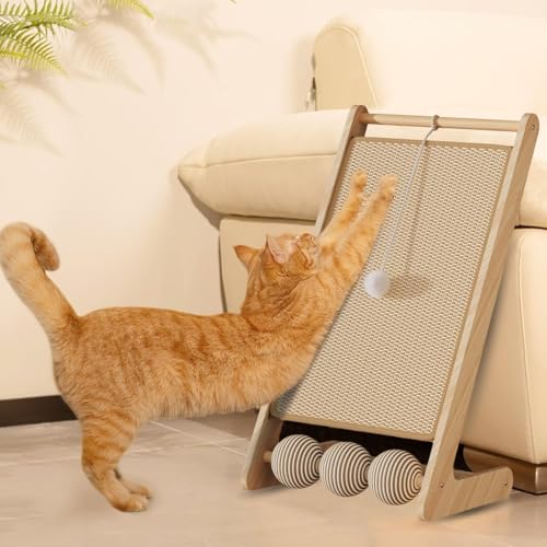 Cat Scratcher 23.62 Inch L Shape Cat Scratch Pad Wall Mounted Vertical Cats Scratching Board with Built-in Catnip Toy Ball Wall-Mount Cats Scratchers for Indoor Cats Protects Furniture(A)