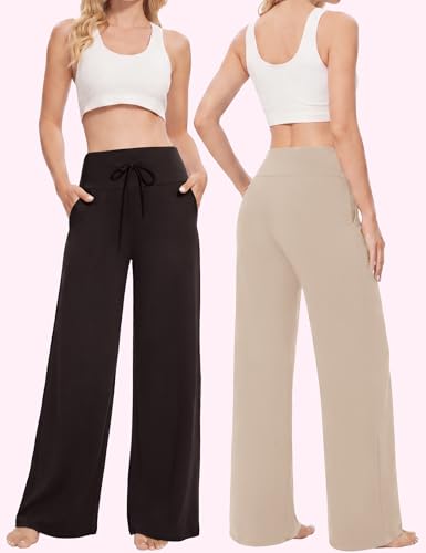 Image of Showitty 1 /3 Pack Women's Wide Leg Pants with Pockets, Casual Loose Pajama Palazzo Trousers Sweatpants for Yoga Lounge