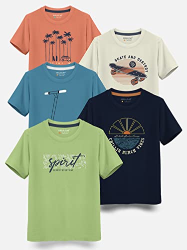 Image of HELLCAT Boys Round Neck Printed Blended Cotton Tshirt -Combo Pack of 2 - Orange /Blue