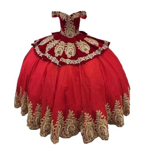 Velvet Bling Tulle Gold Embroidered Quinceanera Dresses Charro Mexican Party Sweet 15 Dress Off The Shoulder 2025