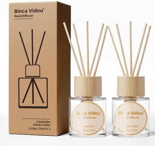 Binca Vidou Reed Diffuser Set Lavender & Linen Natural Scent Theme Oil Diffusers with Sticks for Home Office Bathroom Aromatherapy Decor 1.69oz x 2