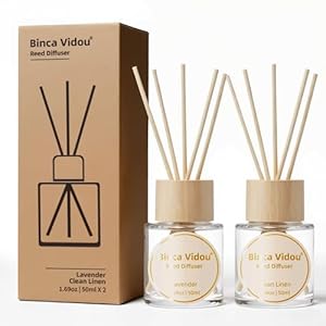 Binca Vidou Reed Diffuser Set Lavender & Linen Natural Scent Theme Oil Diffusers with Sticks for Home Office Bathroom Aromatherapy Decor 1.69oz x 2