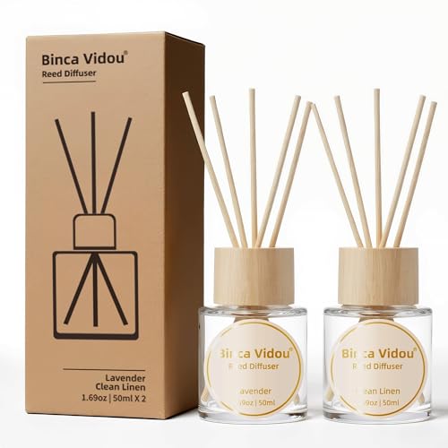Binca Vidou Reed Diffuser Set Lavender & Linen Natural Scent Theme Oil Diffusers with Sticks for Home Office Bathroom Aromatherapy Decor 1.69oz x 2