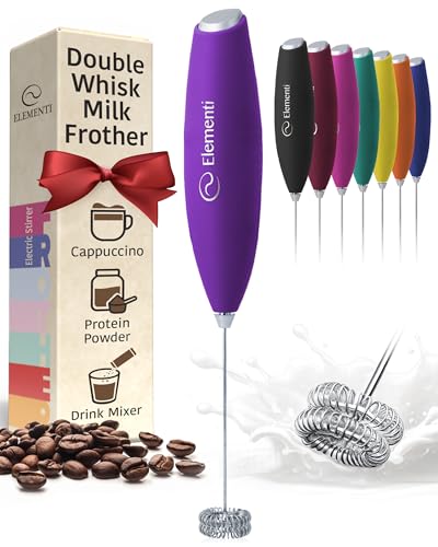 Image of Elementi Milk Frother Wand - Easy to Use Handheld Electric Stirrer for Powder Drinks, Durable & Powerful Coffee Whisk & Protein Powder Mixer Wand, Hand Frother, Coffee Stirrers Electric (Purple)
