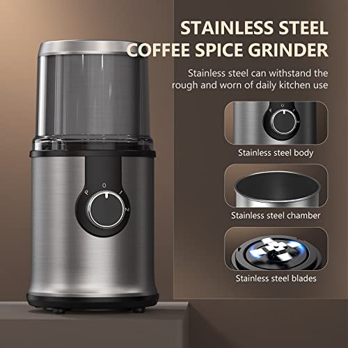 Electric Coffee Grinder With 1 Removable Cup, Adjustable Coffee Bean Grinder For Beans, Spice, Herb, Nut, Flax Seed, 300W Powerful Electric Spice Grinder With Non-Slip Feet, Clear Lid, Stainless Steel #TOP3