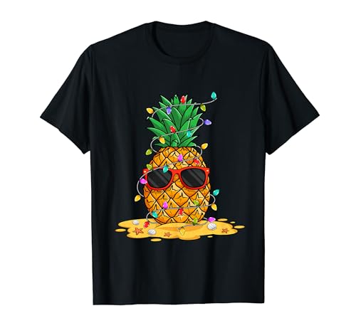 Summer Christmas in July Pineapple Sunglass Santa Hat Light Maglietta