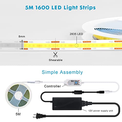 Smart Wifi Cob Led Strip Light Netural White 4000K, 16.4Ft/5M Led Tape Light Kit 320 Leds/Meter, Cri 90+, Dc12V 5A Power Supply, Diy Flexible Led Rope Light For Home Decoration #TOP1