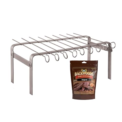 LEM Products Jerky Hanger with 9 Skewers, Backwoods Original Jerky Seasoning, Folding Rack for Oven or Smoker, Stainless Steel