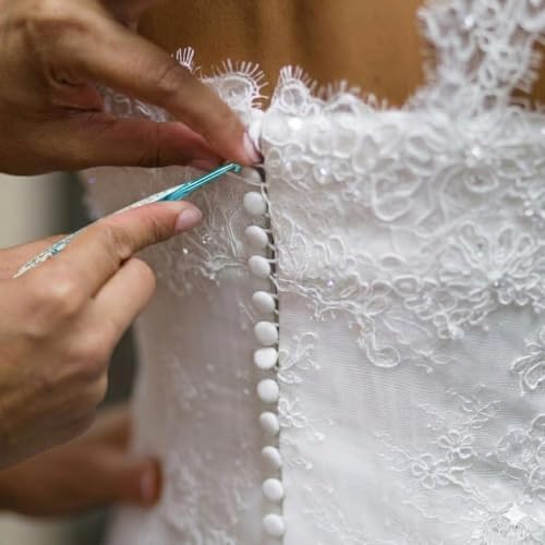 Nakpunar Button Hook Tool for Bridal Button Loops - to Fasten the Buttons on Wedding Dresses, Bridal Trains - Gentle on Lace, Satin - Seamstress Essential (Blue with Floral Resin) - 2
