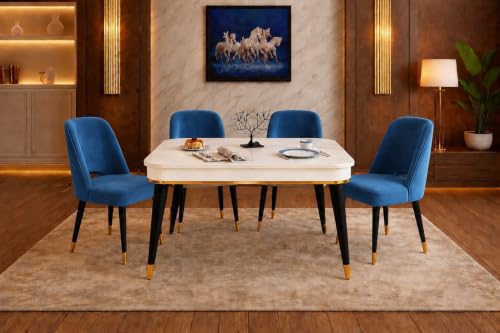 Image of WOODEN SPACE 4 Seater Wooden Dining Table Set | Urban Marble Top Dining Table with Chairs for Dining Room & Kitchen (Modern Vintage Blue) (42 x 42 x 30 inch)