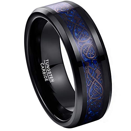TUNGSTORY Tungsten Carbide Blue Carbon Fiber Rings for Men 8mm Black Celtic Dragon Pattern Wedding Band Size 13.5