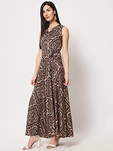Image of Rudraaksha Women's Printed Maxi Dress Sleeveless Fit & Flare Long Dress || Western Dress for Women || Stylish Maxi Dress Dress || Summer Dress || Boho Printed Dress for Women