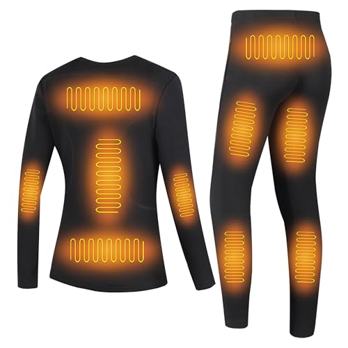 Gueploer Ropa Interior Calefaccionada para Mujeres, Conjunto De Capa Base Térmica con Camisa De Manga Larga Y Pantalones De Calefacción Eléctrica para Ciclismo Y Camping,Negro,XS