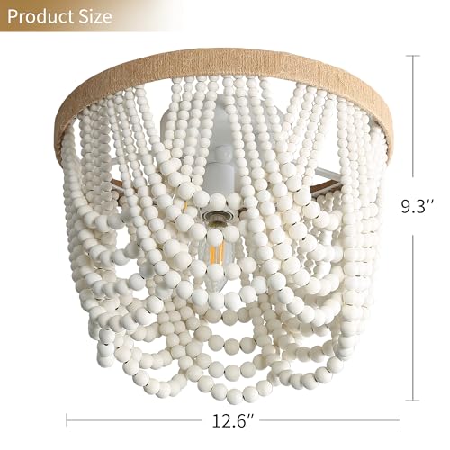 RyaHQ Bohemian Wood Beaded Ceiling Lamp 3-Light – Antique Rustic Mini Chandelier with White Beads for Bedroom, Nursery, Girls' Room, Dining Room, Hallway Entryway