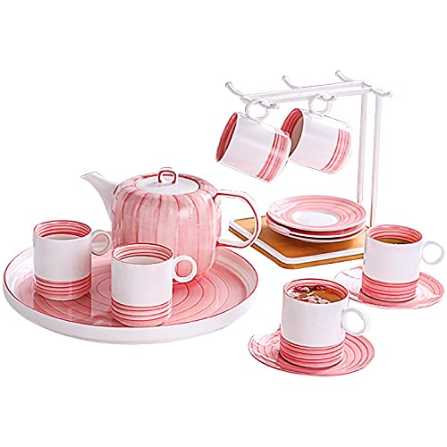 OUTPFTS Juego de Tazas y platillos de té, 6 Juegos de té de la Tarde Real británica, Tetera Rosa, Tazas y platillos de café de cerámica con portavasos y Bandeja de té para el día de la Madre