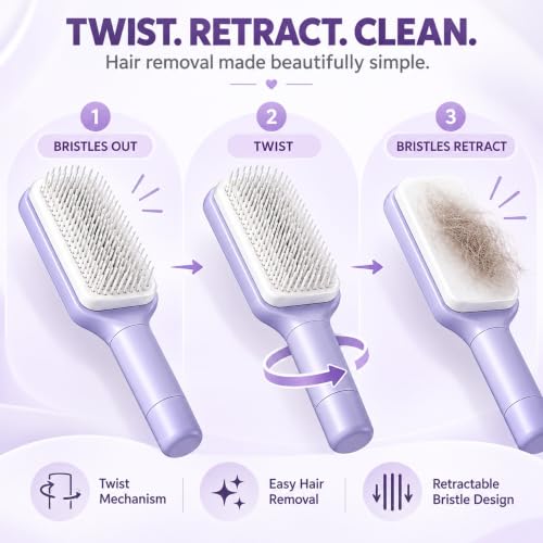 Image of One Click Self Cleaning Hair Brush for Women and Kids, Anti Static Detangling Paddle Comb with Flexible Bristles for Wet, Dry, Curly, Thick, Fine and Everyday Hair Care