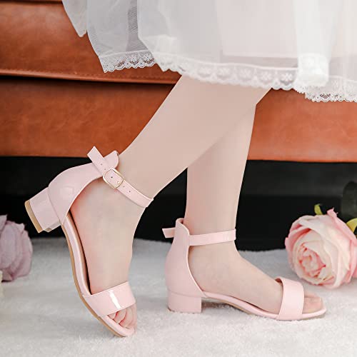 Image of Dufannie Girls Sandals Low Heels Dress Pump Ankle Strap Open Toe Flower Girl Wedding Party for Toddler Little Big Kid