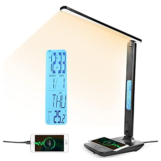 YAMYONE Lampara Escritorio Mesa LED Flexo Táctil 3 Temperaturas Color 5 Niveles Brillo Luz Libro Nocturna Lectura Teléfono Cargador Inalámbrico USB LCD Calendario Temperatura Despertador (Negro)