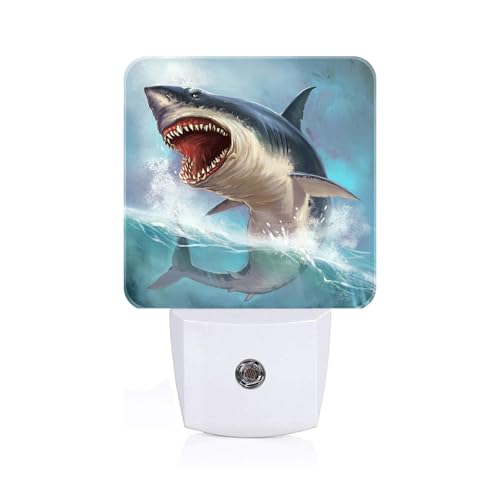 Image of Great White Shark Night Light,Plug Into Wall for Boys Girls Bedroom Decorative Square Night Light Lamp 0.5w Sleep Friendly