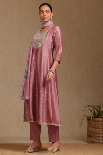 Image of Soch Womens Blush Pink Vichitra Solid Suit Set With Zardosi
