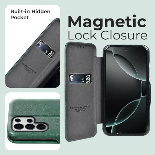 Image of PULOKA Premium Vegan Leather Phone Cover with Card Slot - Compatible with Samsung Galaxy S25 Ultra - Sleek Flip Case, Slim, Durable, Privacy Protection, Kickstand Function (Green)