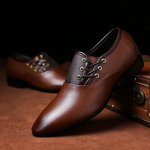 Men's Slip on Pointed Toe Oxford Shoes,Fashion Patent Leather Lace-up Decoration Formal Business Office Derby Dress Shoes Casual Comfy Non-Slip Flat Oxfords3