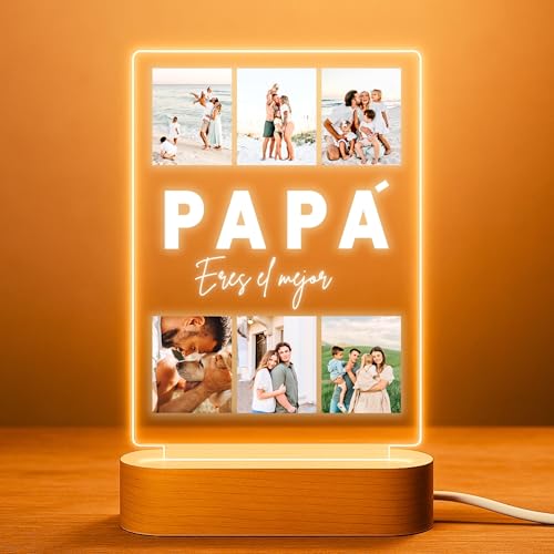 Cristal Plaque - Candeeiro personalizado com 6 fotos e texto pai | Candeeiro LED para fotos personalizadas | Presentes originais Dia do Pai, aniversário e aniversário