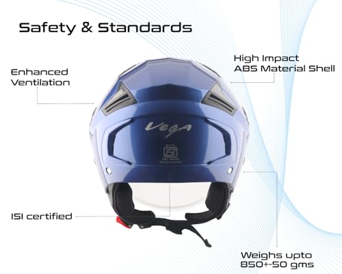 Image of Vega VO-05 Clark ISI Certified Open Face Motorcycle Helmet with High-Impact ABS Shell, Scratch-Resistant Visor, Comfortable Breathable Inner Padding & Secure Strap - Blue - L