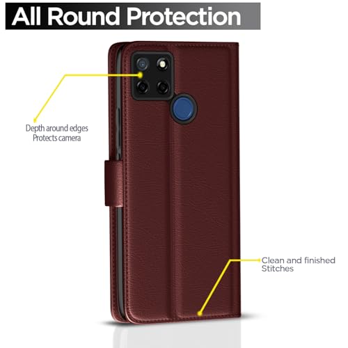 Image of Pikkme Flip Cover Leather Finish | Inside TPU with Card Pockets | Wallet Stand and Shock Proof | Complete Protection Button Flip Case for Realme C12 / Realme Narzo 20 / Narzo 30A / Realme C25 (Brown)