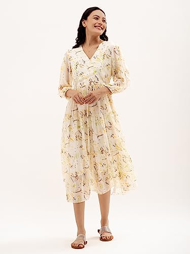 Image of AASK Abstract Printed Puff Sleeve Gathered Detailed Fit Flare Dress