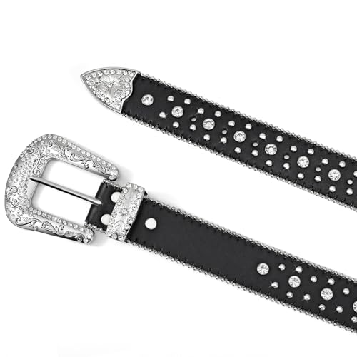 JASGOOD Rhinestone Studded Belt for Men Women, Western Leather Belt for Cowgirl Cowboy Vintage Bling Belt for Pants Dress3