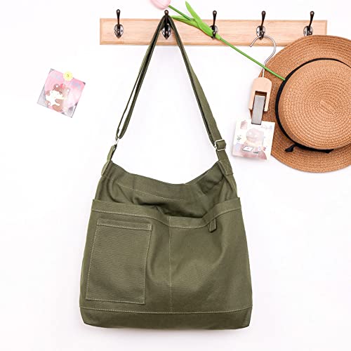 Image of Cotton Tote Handbag Women Canvas Crossbody Beach Bag Hobo Shoulder Tote Bag with 3 External Pocket,Zipper Closure
