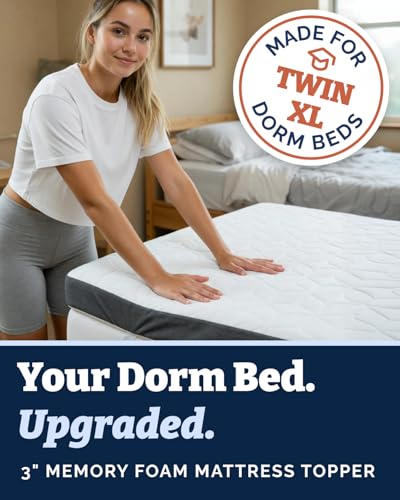 Image of Memory Foam Mattress Topper & Cooling Cover - Dorm Room Essentials - 3 Inch | Plush, Thick & Comfy, Pain & Pressure Relief, Twin XL Size Mattress Pad w / Straps & Removable Washable Cover, Oeko-Tex