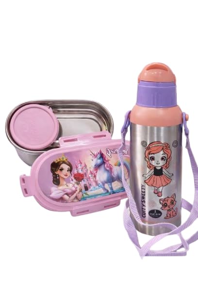 Image of Kids Stainless Steel Water Bottle with Sling Strap & Cartoon Lunch Box Set | School Tiffin and Water Bottle Combo for Girls | Princess Unicorn Design | BPA Free | Pink & Purple