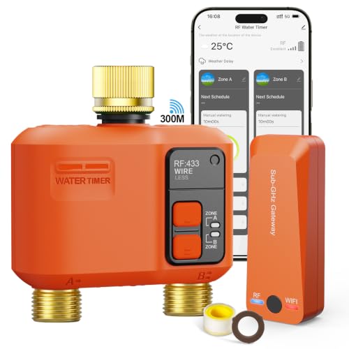 XinFuture Bewässerungscomputer WLAN 2 Ausgänge mit 300 Meter RF,Starke Wanddurchdringung, Bewässerungsuhr mit Messing-Einlass und-Auslass,Automatische Bewässerungssystem mit APP/Alexa,Regenverzögerung